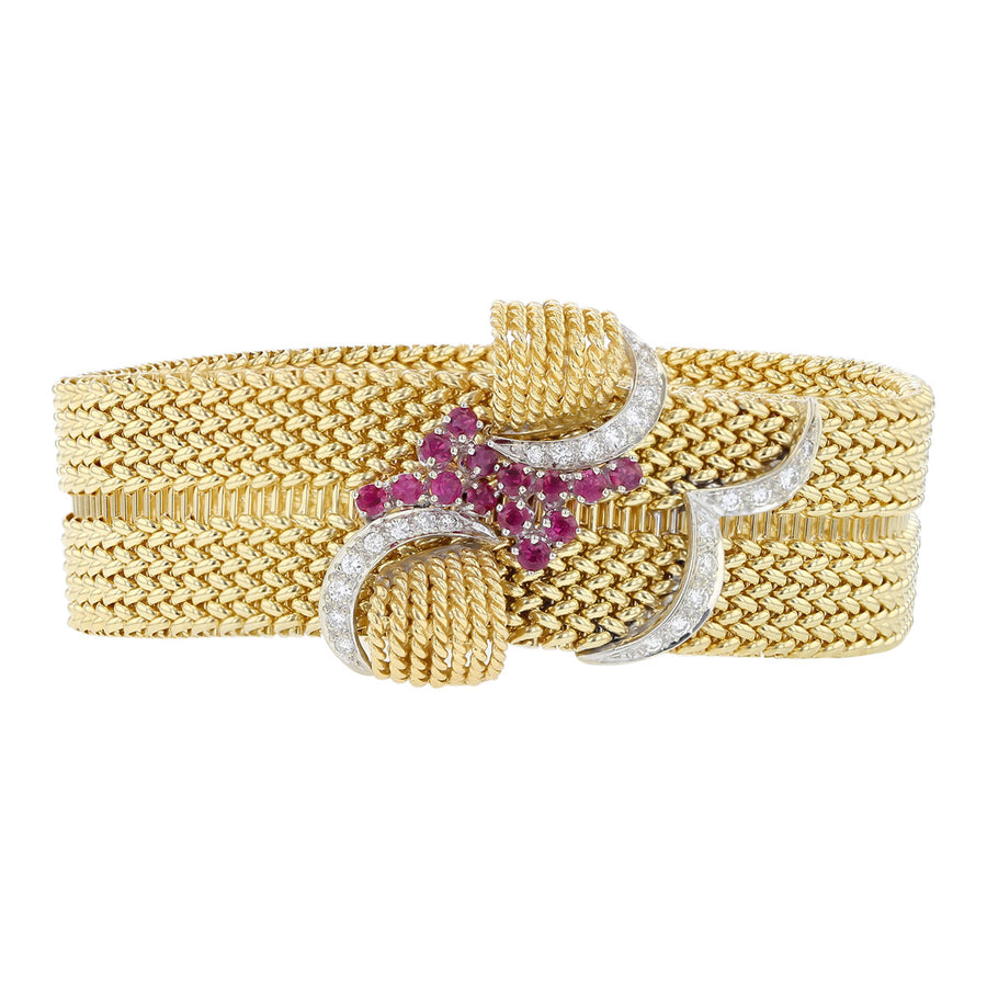 Mid-Century Ruby and Diamond Basketweave Bracelet