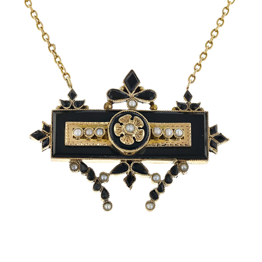 Victorian 15K Yellow Gold Onyx and Pearl Pendant