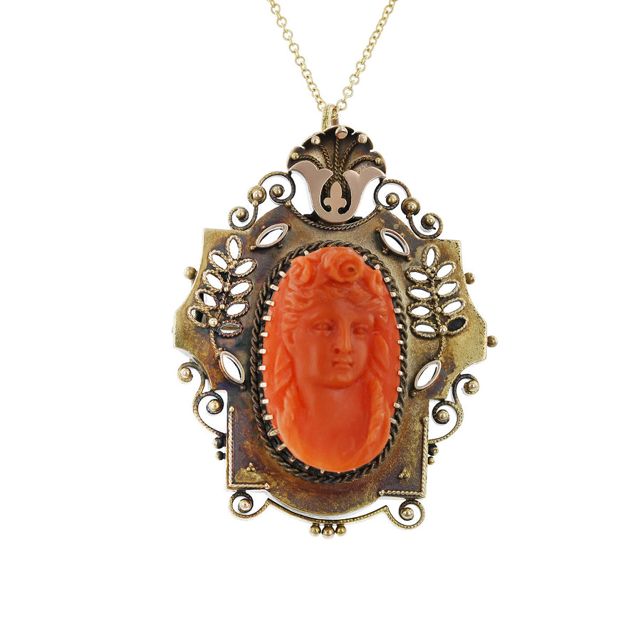 Victorian 14K Yellow Gold Coral Pendant Necklace