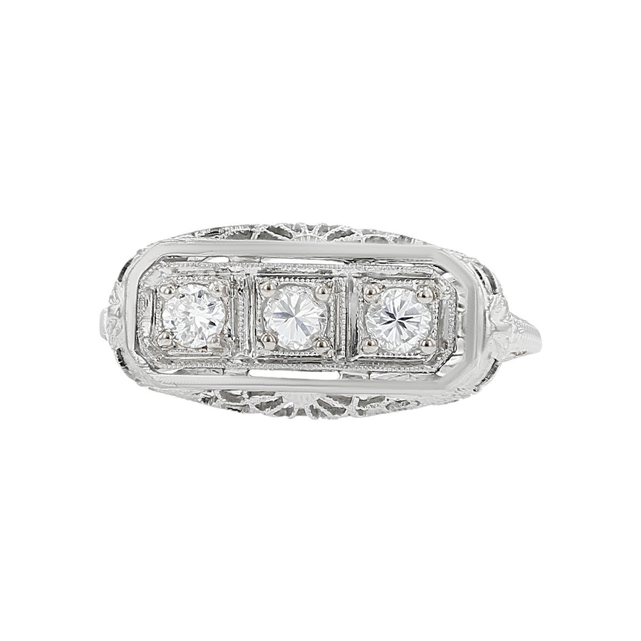 Art Deco 14K White Gold Diamond 3-Stone Ring