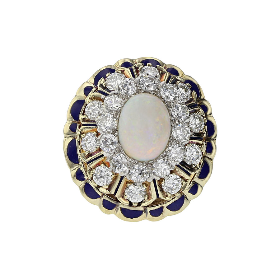 14K Yellow Gold White Opal and Diamond Halo Ring