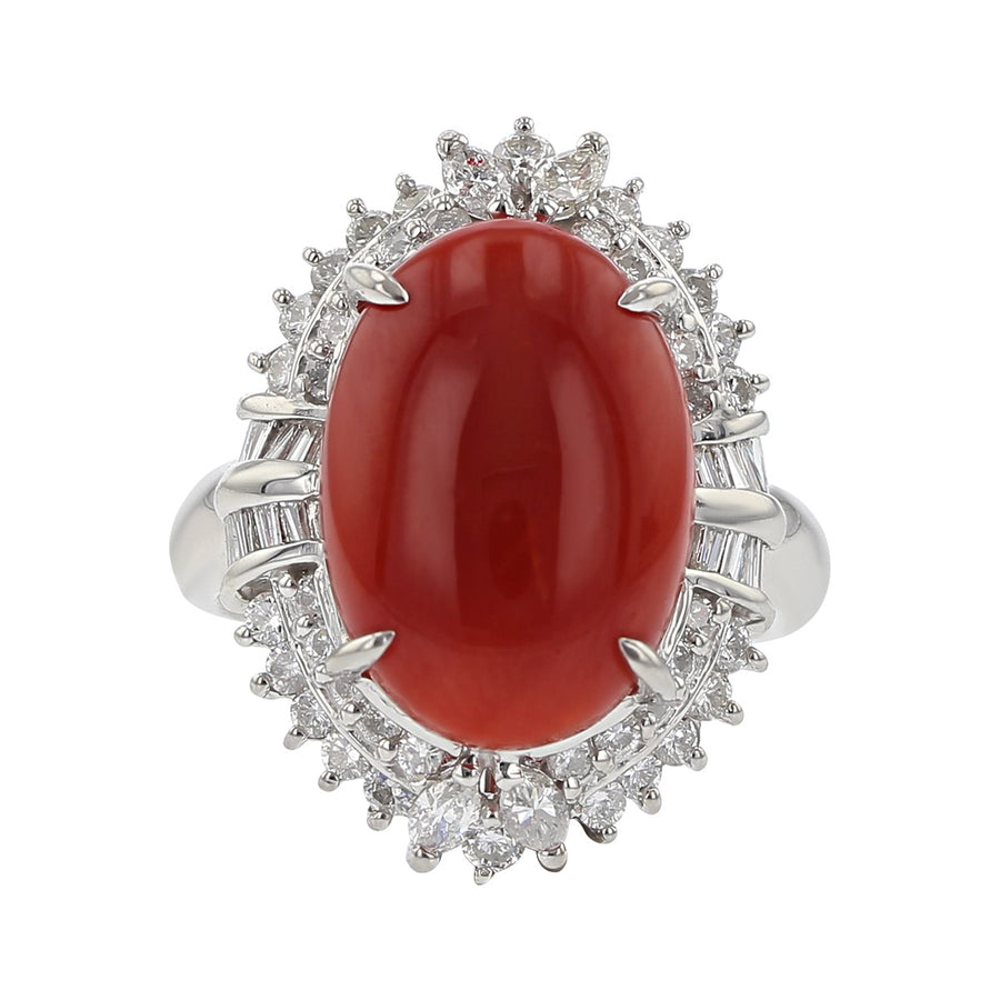 Platinum Red Coral and Mixed Cut Diamond Halo Ring