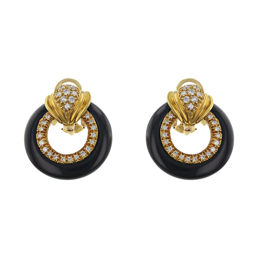 18K Gold Onyx and Diamond Door Knocker Earrings