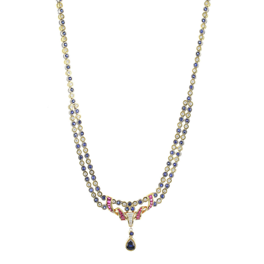 18K Gold Sapphire, Diamond and Ruby Drop Necklace
