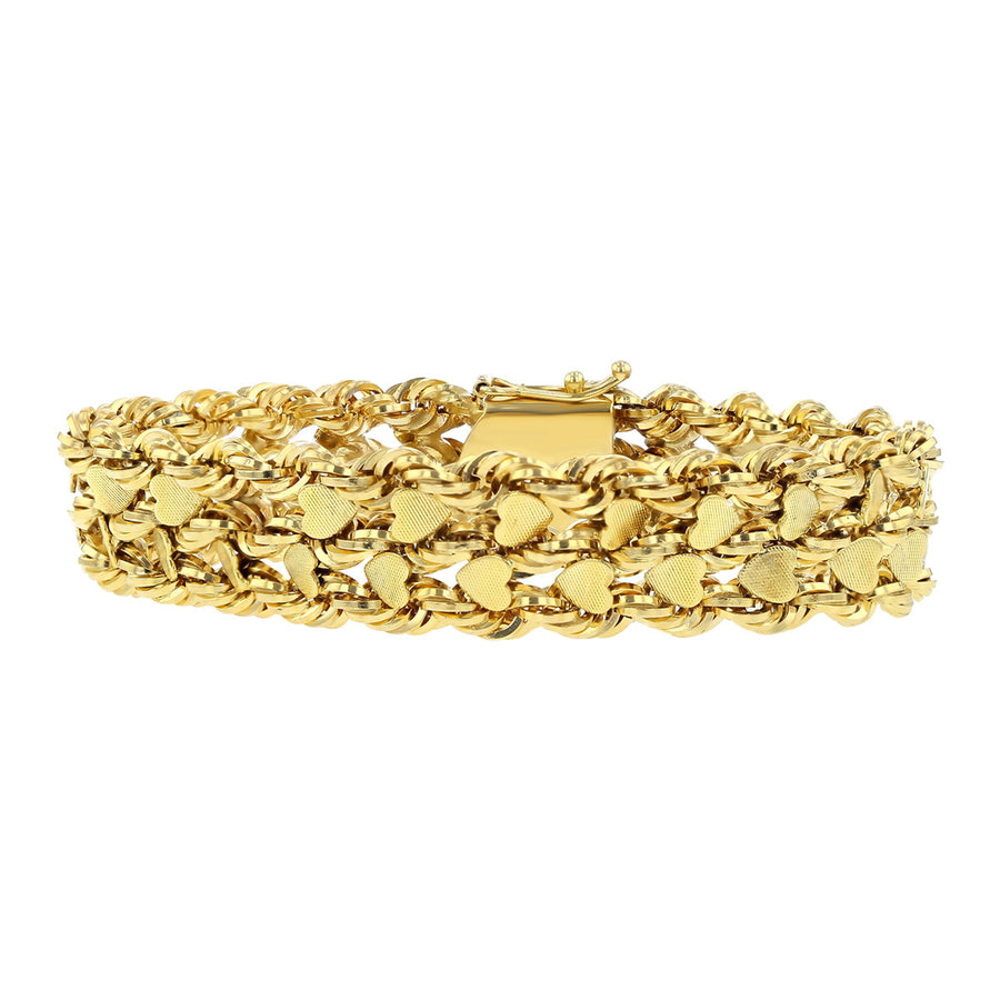 14K Yellow Gold Wide Rope and Heart Link Bracelet