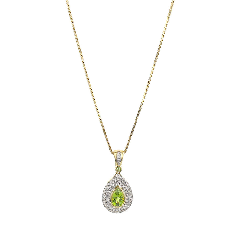 14K Gold Pear Shape Peridot and Diamond Halo Pendant