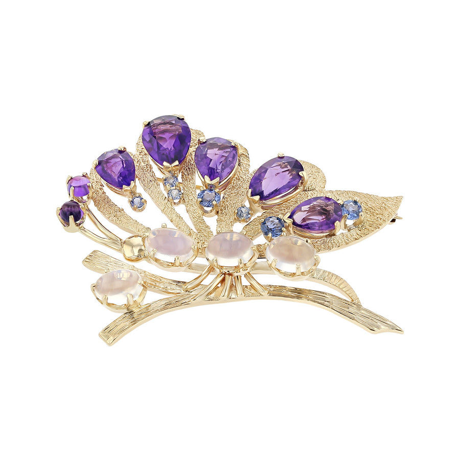 14K Yellow Gold Amethyst, Sapphire and Moonstone Brooch