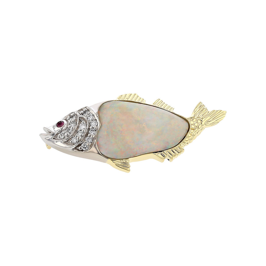 18K Yellow Gold Opal, Diamond and Ruby Fish Pin