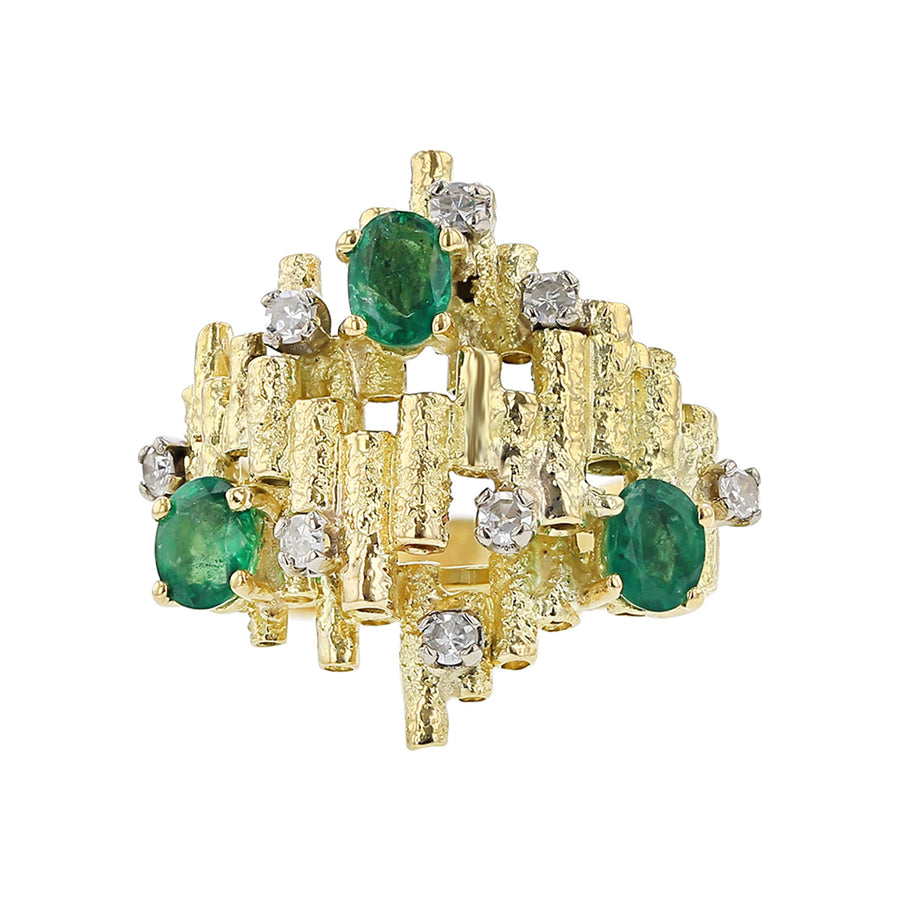 18K Yellow Gold Emerald and Diamond Cluster Ring