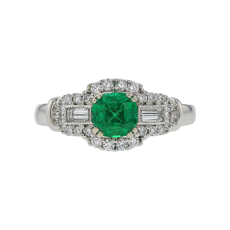 14K White Gold Zambian Cushion Emerald and Diamond Ring