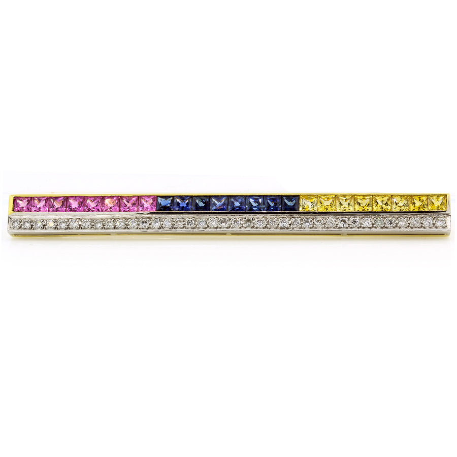 Pink, Blue and Yellow Sapphire with Diamonds Bar Pin