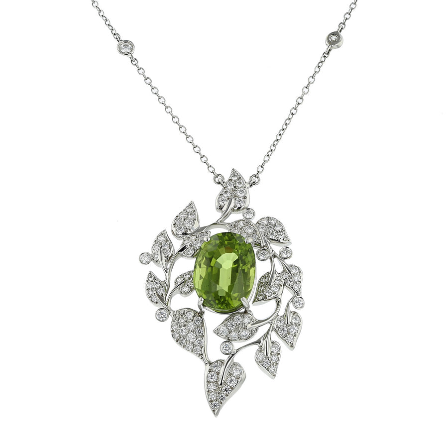 18K White Gold Peridot and Diamond Pendant Necklace