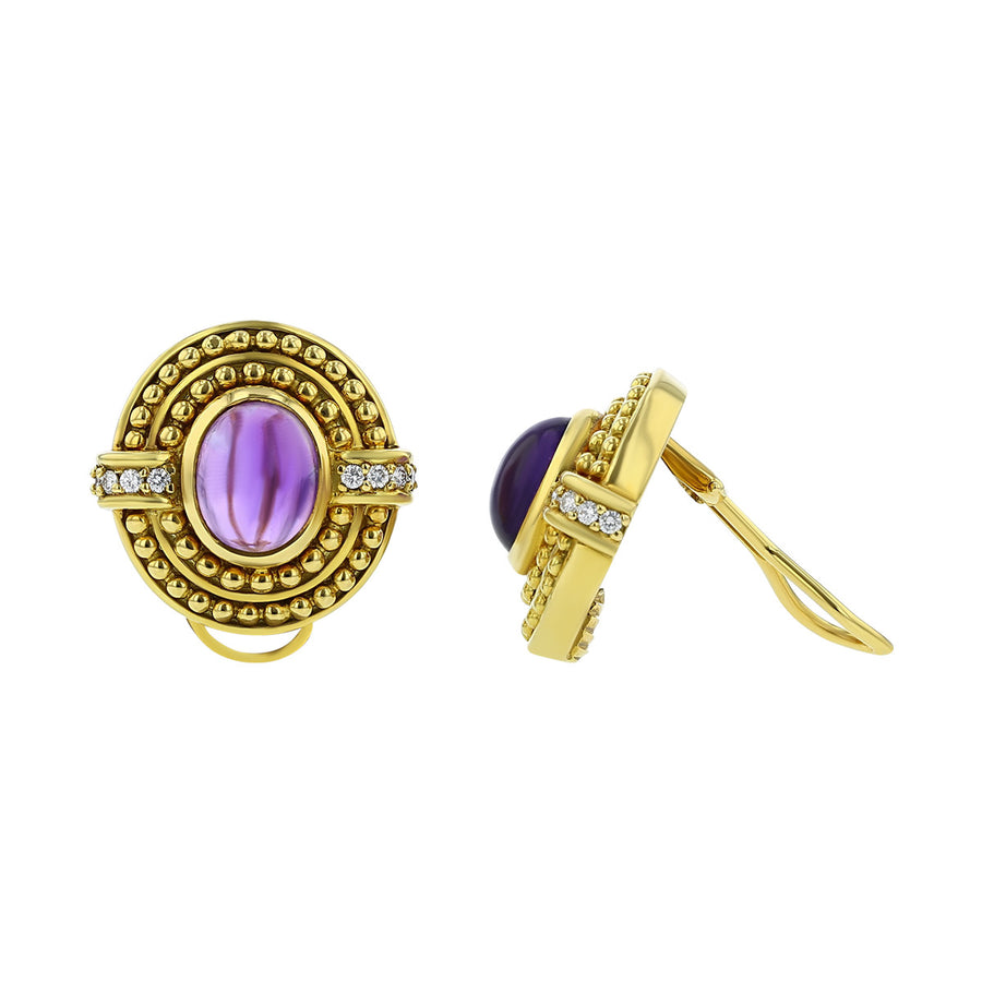 18K Gold Cabochon Amethyst Diamond Earrings