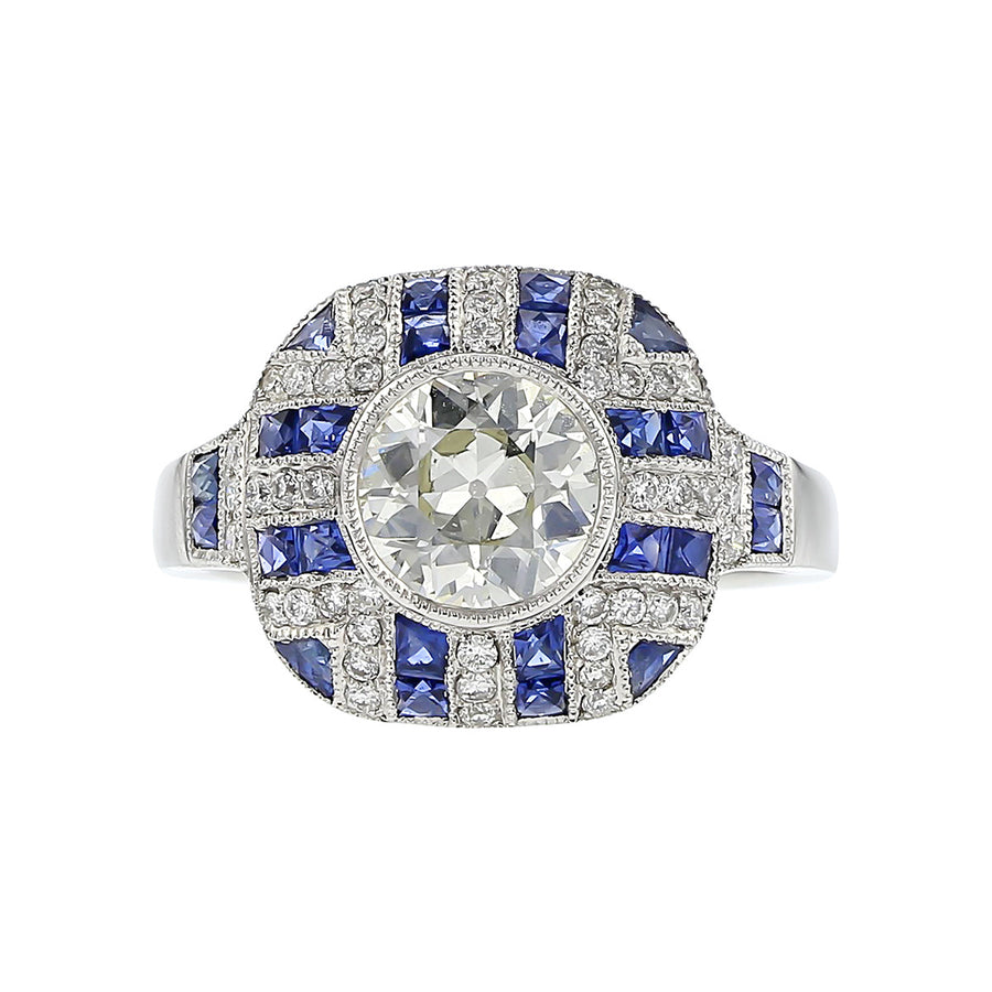 Platinum Bezel-set Diamond and Blue Sapphire Ring
