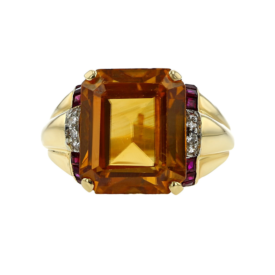 Retro Emerald-Cut Zircon, Ruby and Diamond Ring
