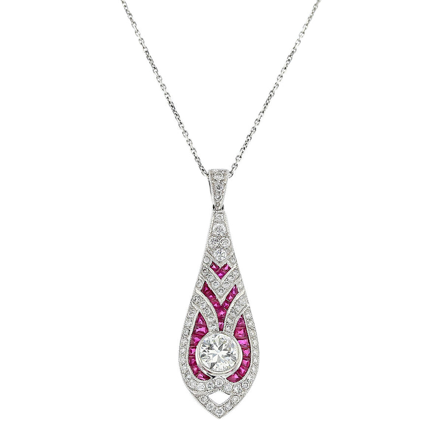 Art Deco Style Diamond and Ruby Pendant Necklace