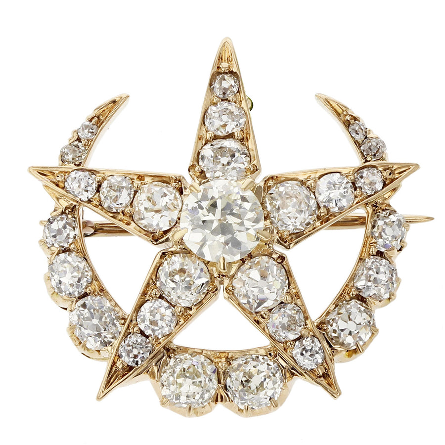 Victorian 14K Yellow Gold Diamond Star Crescent Moon Pin