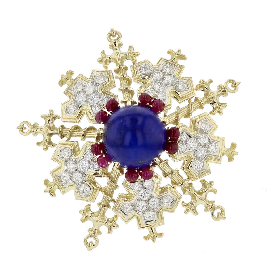 Lapis Lazuli, Ruby and Diamond Snowflake Pin