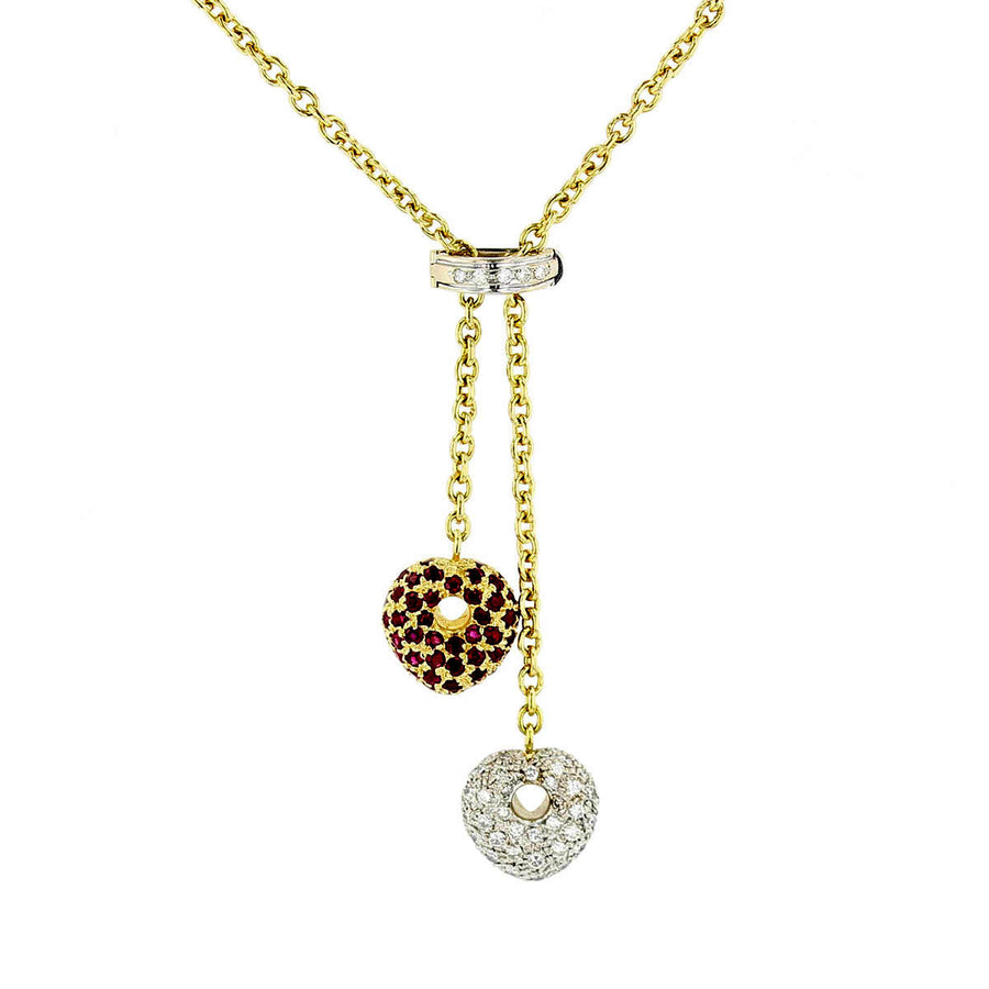 14K Yellow Gold Diamond and Ruby Hearts Lariat Necklace