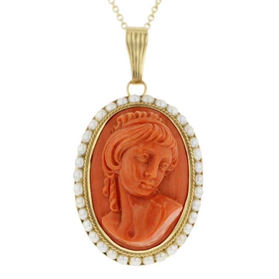 Circa 1960s Red-Orange Coral Cameo Pearl Pin