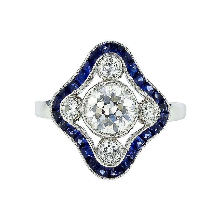 European-Cut Diamond and Sapphire Platinum Ring