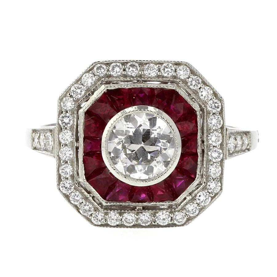 Vintage Style Diamond and Ruby Halo Milgrain Ring