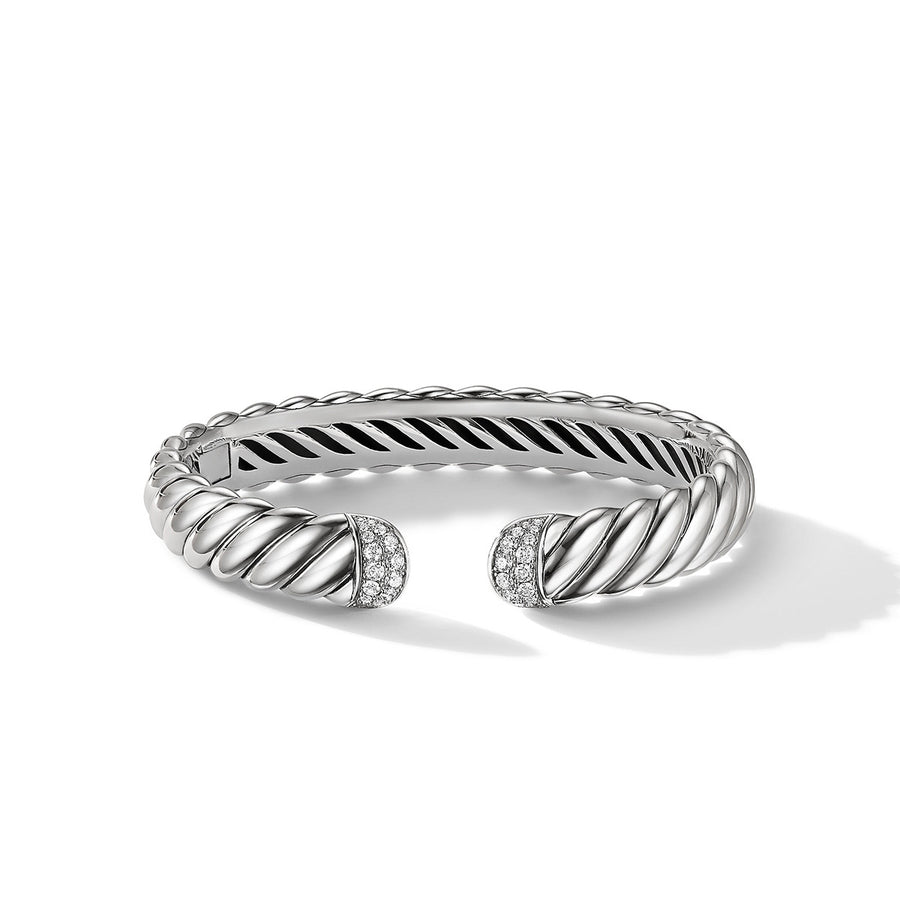 Sculpted Cable Cuff Bracelet in Sterling Silver with Pave Diamonds