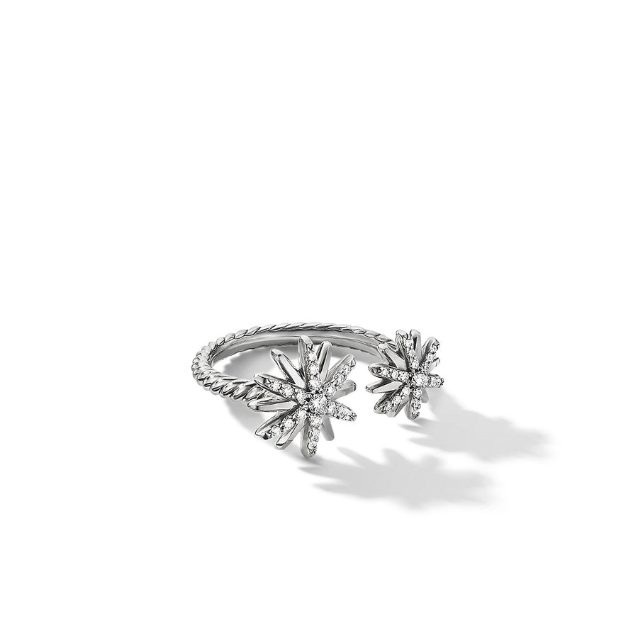 Starburst Bypass Ring in Sterling Silver with Pave Diamonds