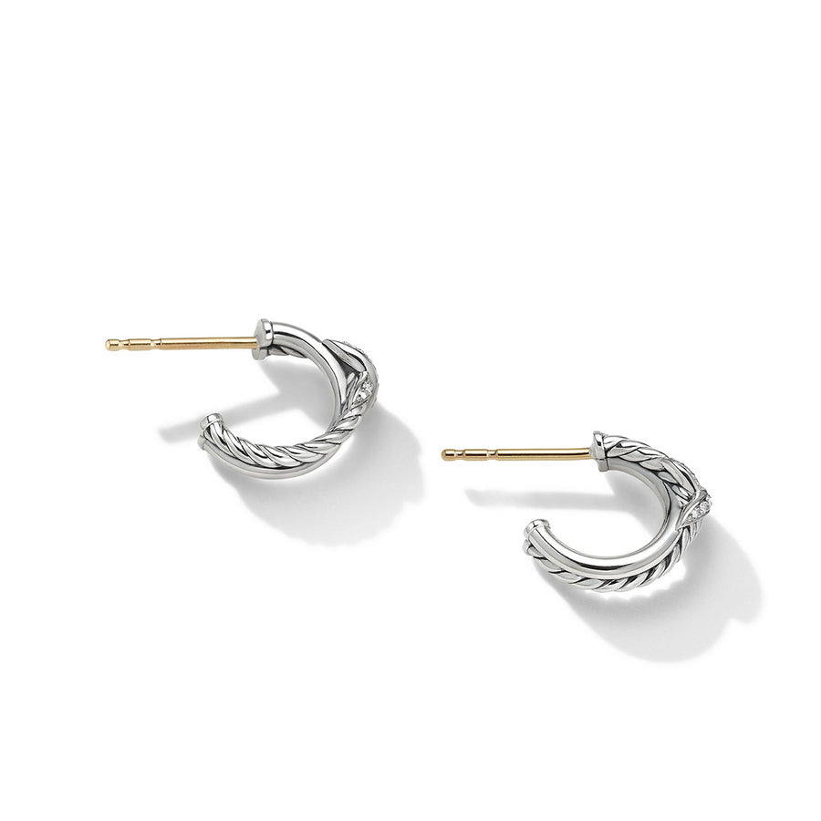 Petite X Hoop Earrings in Sterling Silver with Pave Diamonds