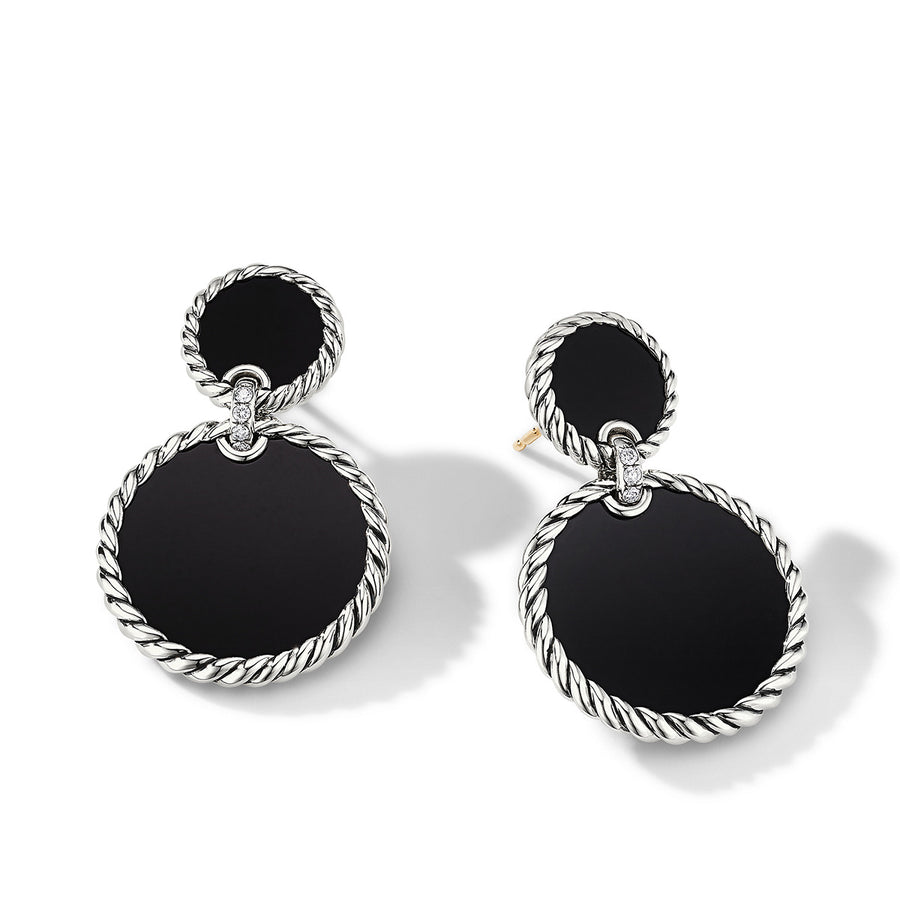 DY Elements Double Drop Earrings in Sterling Silver with Black Onyx and Pave Diamonds