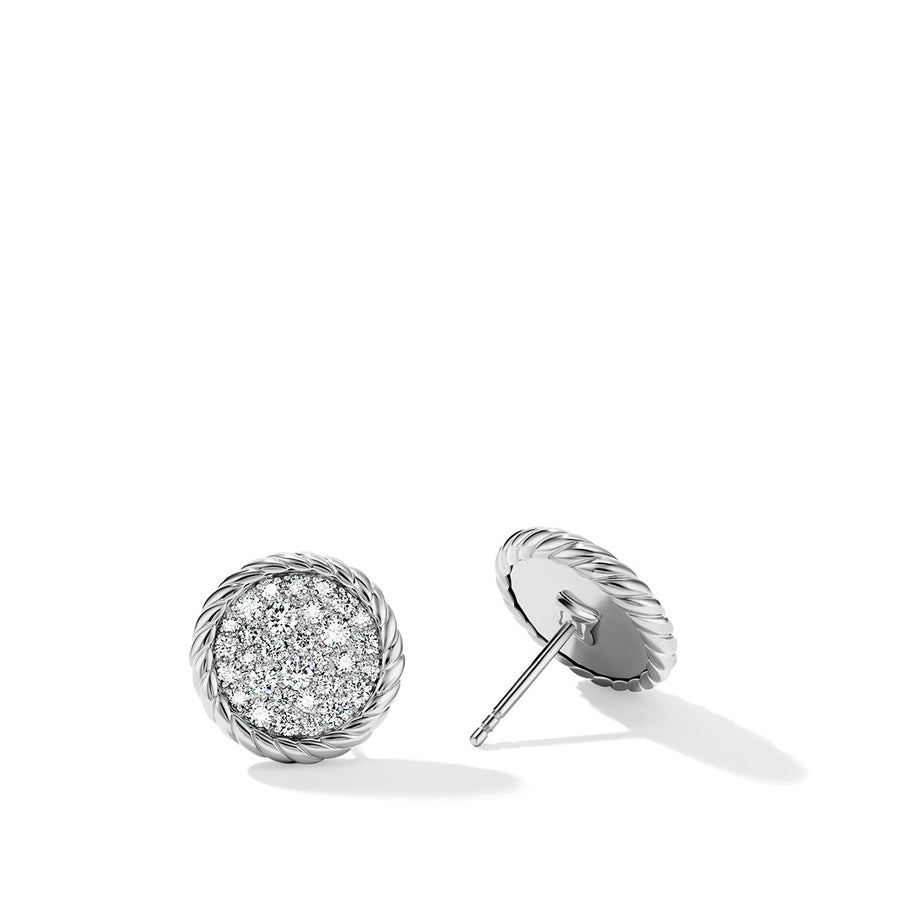 DY Elements Button Stud Earrings in Sterling Silver with Pave Diamonds