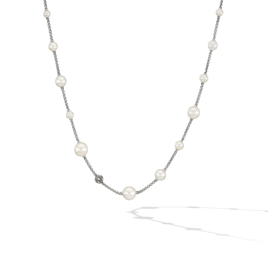 Pearl and Pave Station Necklace in Sterling Silver with Diamonds