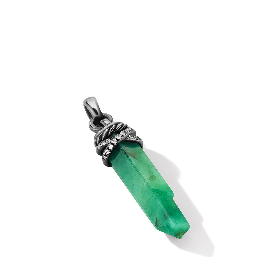 Wrapped Emerald Crystal Amulet with Blackened Silver and Pave Diamonds