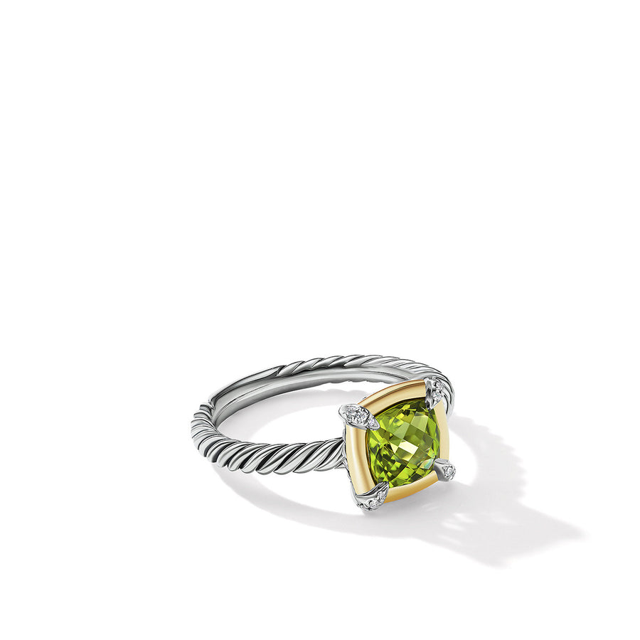 Ring with Peridot, 18K Yellow Gold Bezel and Pave Diamonds