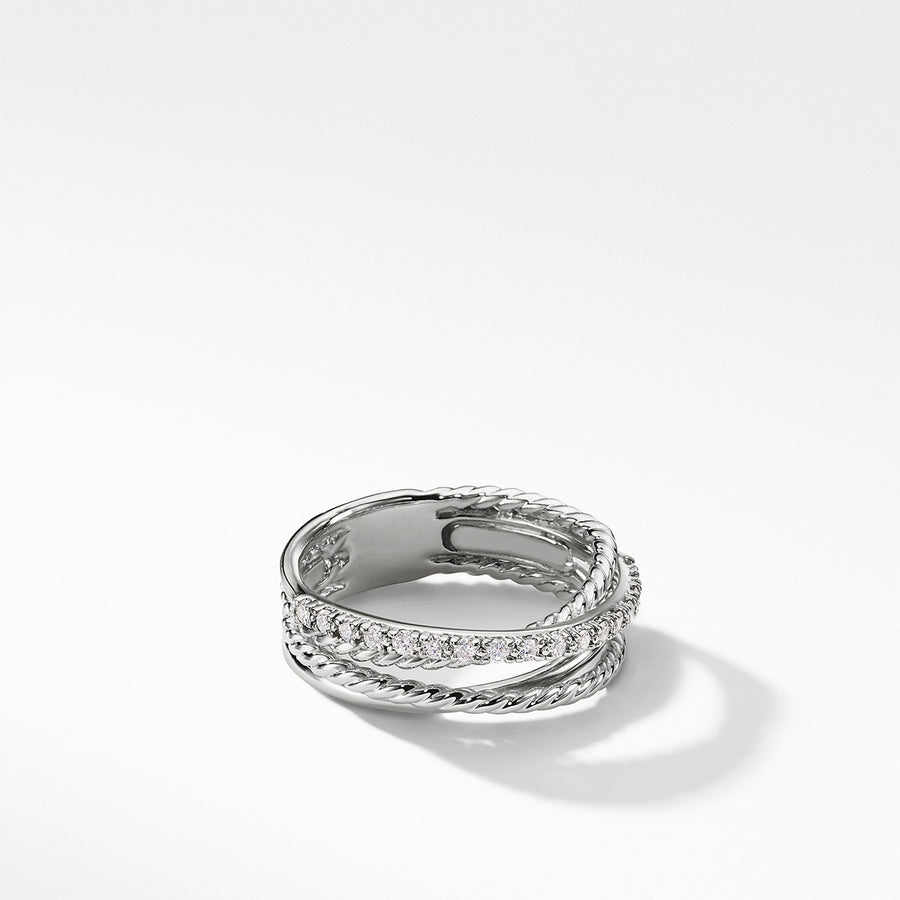 Small Crossover Band Ring in Sterling Silver with Pave Diamonds