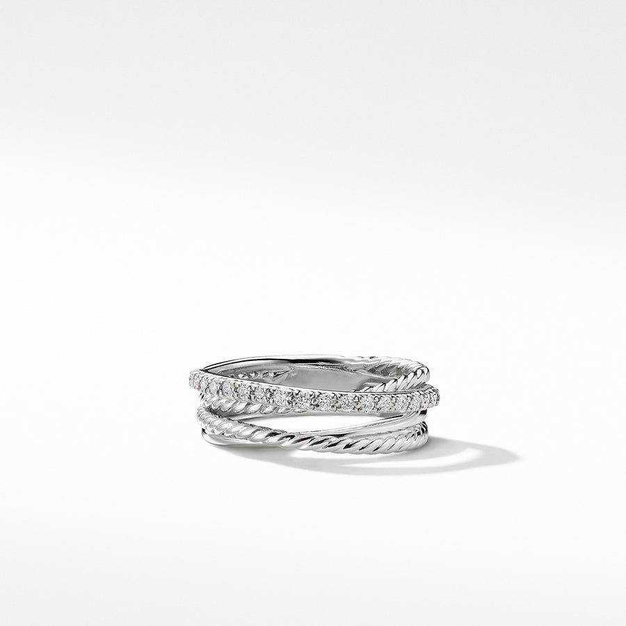 Small Crossover Band Ring in Sterling Silver with Pave Diamonds