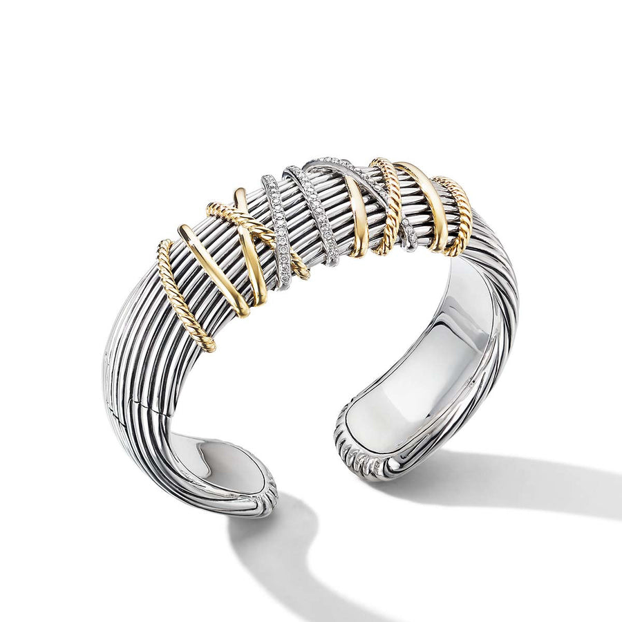 Helena Cuff Bracelet in Sterling Silver with 18K Yellow Gold and Pave Diamonds