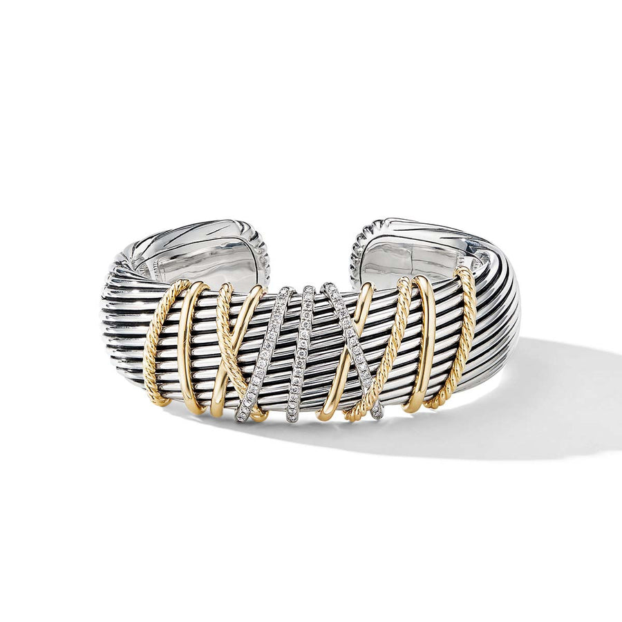 Helena Cuff Bracelet in Sterling Silver with 18K Yellow Gold and Pave Diamonds