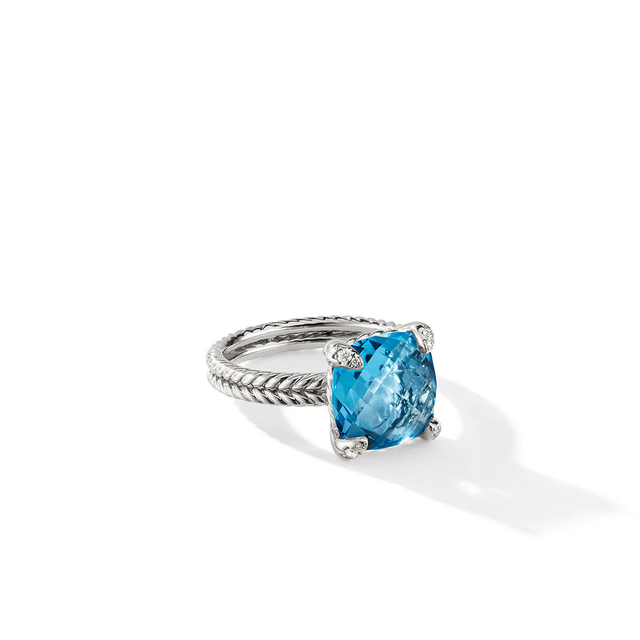 Chatelaine Ring in Sterling Silver with Blue Topaz and Pave Diamonds