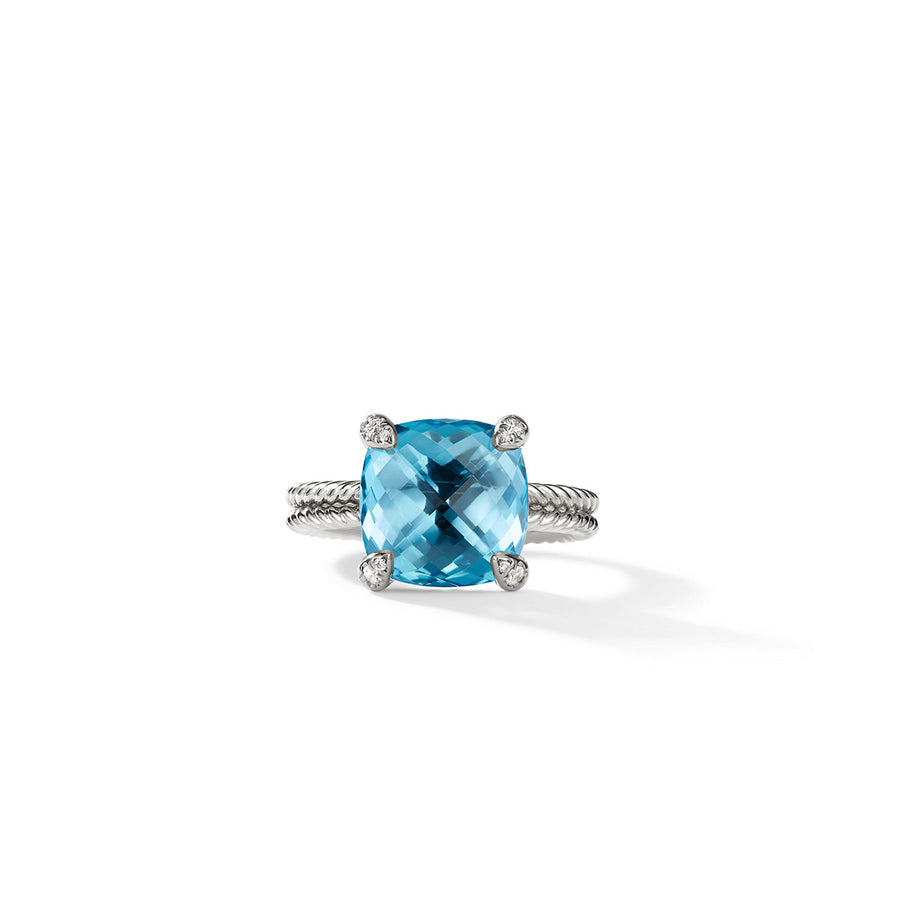 Chatelaine Ring in Sterling Silver with Blue Topaz and Pave Diamonds
