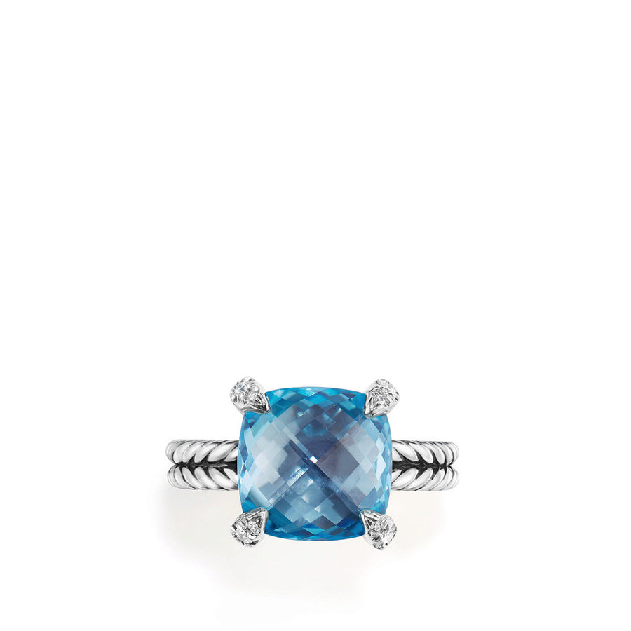 Chatelaine Ring in Sterling Silver with Blue Topaz and Pave Diamonds