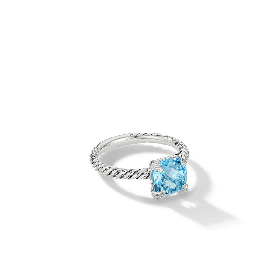 Chatelaine Ring in Sterling Silver with Blue Topaz and Pave Diamonds
