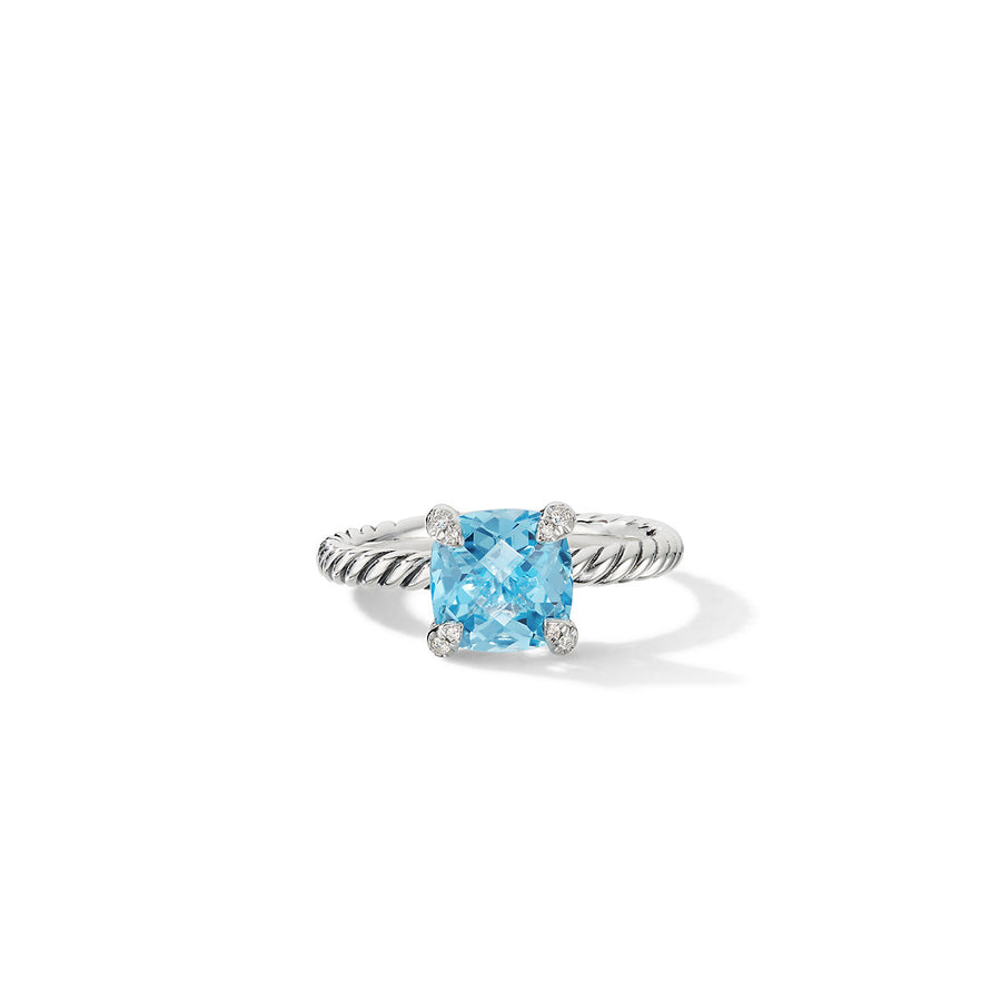 Chatelaine Ring in Sterling Silver with Blue Topaz and Pave Diamonds