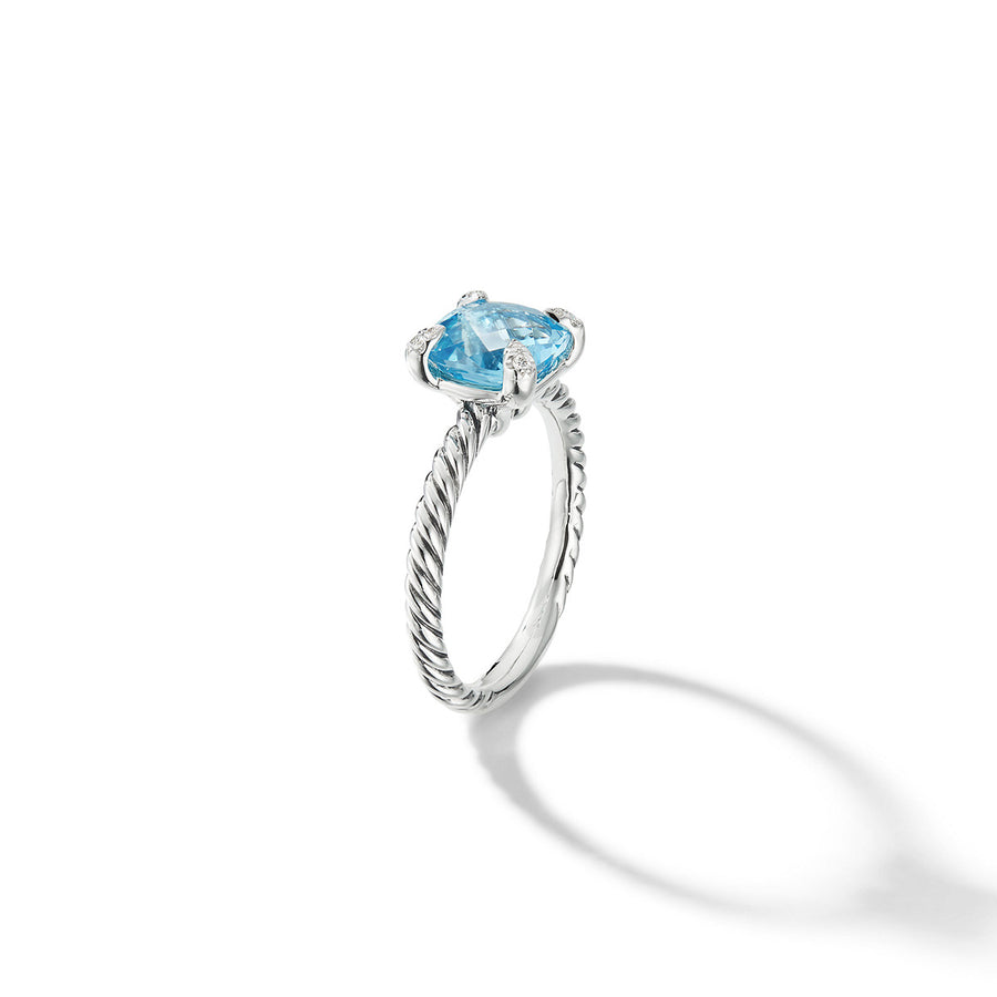 Chatelaine Ring in Sterling Silver with Blue Topaz and Pave Diamonds