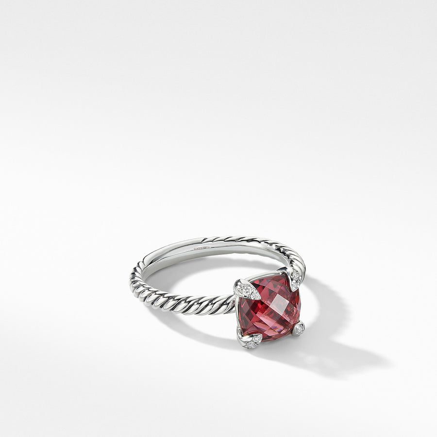 Chatelaine Ring in Sterling Silver with Rhodolite Garnet and Pave Diamonds